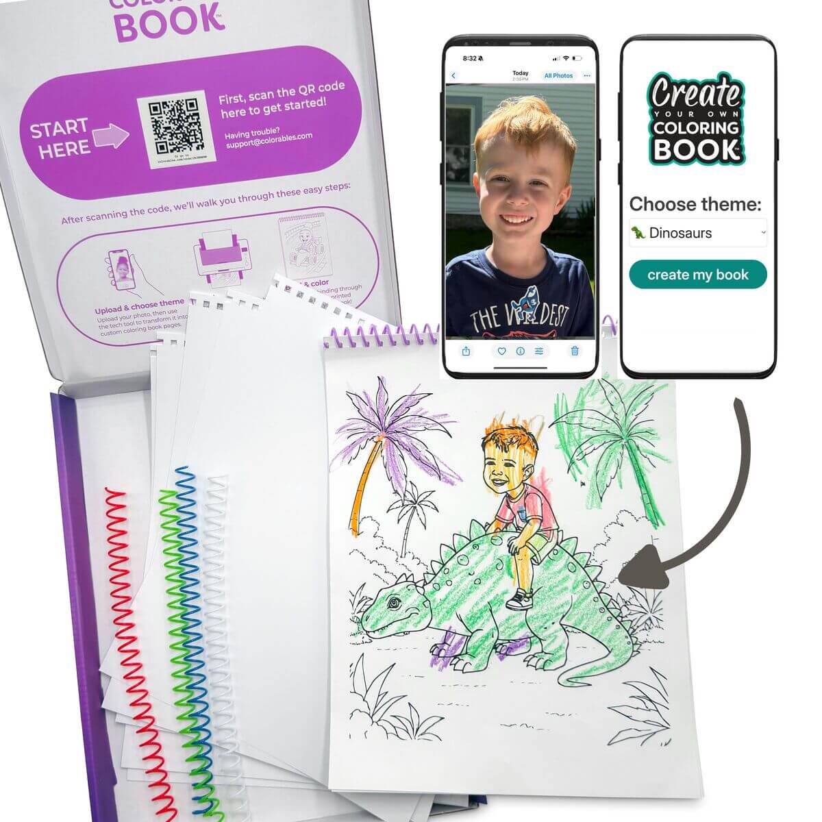 Colorables kit contents with phone upload and finished dinosaur coloring page